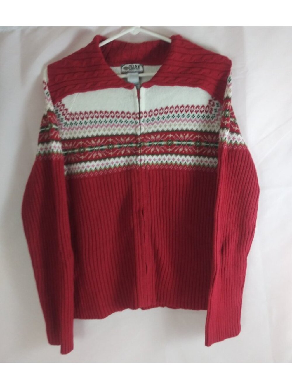 Vintage Tiara International Red Knit Fair Isle Full Zip Sweater Cardigan XL